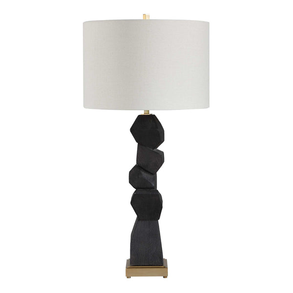 Uttermost Demelo Walnut Block Base Linen Drum Shade Table Lamp for Modern Interiors