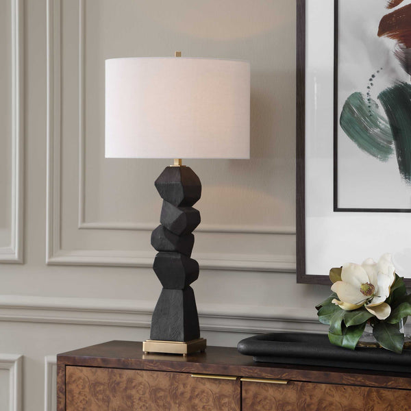 Uttermost Demelo Walnut Block Base Linen Drum Shade Table Lamp for Modern Interiors