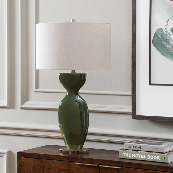 Uttermost Curhan Moss Green Ceramic Table Lamp with Antique Brass Accents Linen Shade