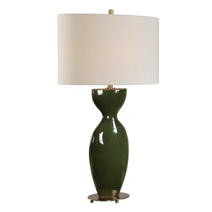 Uttermost Curhan Moss Green Ceramic Table Lamp with Antique Brass Accents Linen Shade