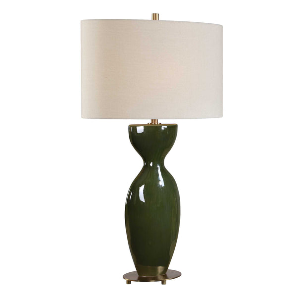 Uttermost Curhan Moss Green Ceramic Table Lamp with Antique Brass Accents Linen Shade