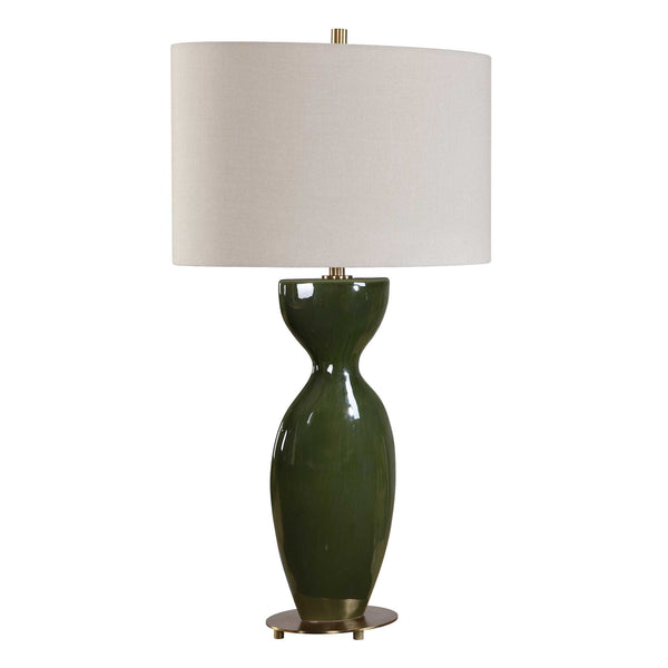 Uttermost Curhan Moss Green Ceramic Table Lamp with Antique Brass Accents Linen Shade