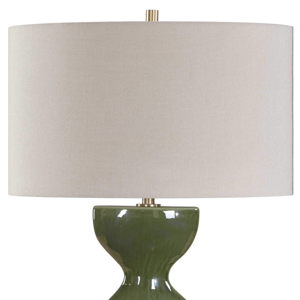 Uttermost Curhan Moss Green Ceramic Table Lamp with Antique Brass Accents Linen Shade