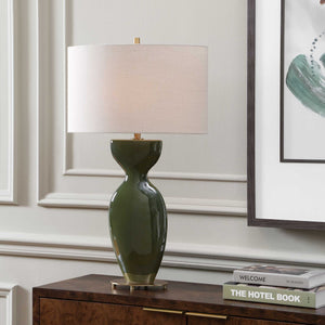 Uttermost Curhan Moss Green Ceramic Table Lamp with Antique Brass Accents Linen Shade