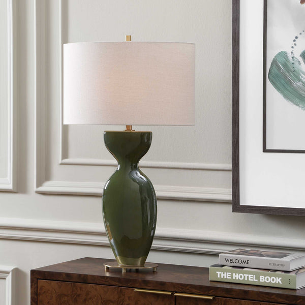 Uttermost Curhan Moss Green Ceramic Table Lamp with Antique Brass Accents Linen Shade