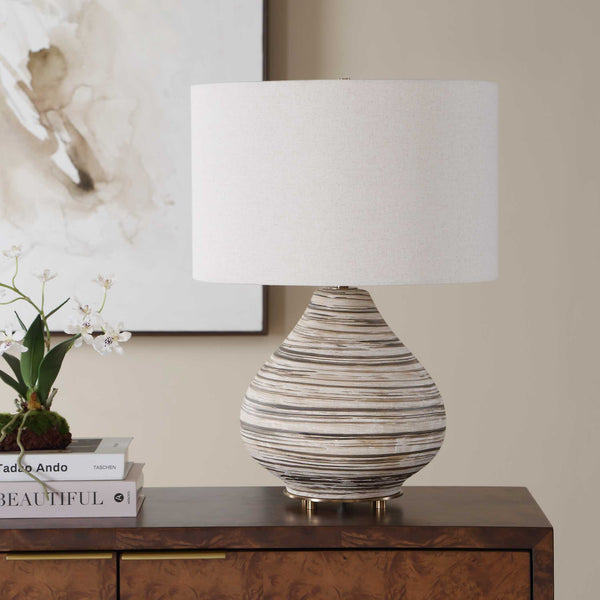 Uttermost Azura Ceramic Table Lamp with Linen Drum Shade and Antique Brass Accents