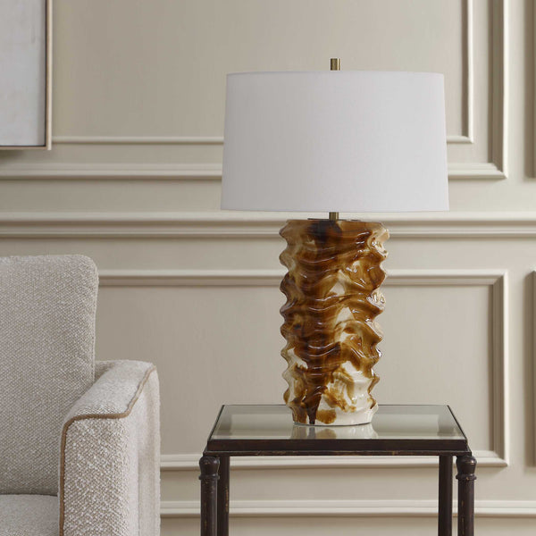 Uttermost Bassa Glazed Ceramic Table Lamp with Linen Shade and Antique Brass Hardware