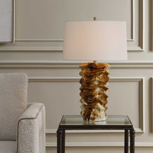 Uttermost Bassa Glazed Ceramic Table Lamp with Linen Shade and Antique Brass Hardware