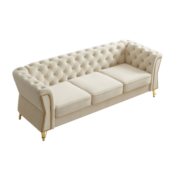English Elm Modern Tufted Velvet Sofa with Gold Accent Frame and Flared Arms, High-Density Comfort Seating Beige W579P329996