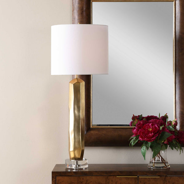 Uttermost Octavio Faceted Gold Leaf Table Lamp with Crystal Base and Linen Shade