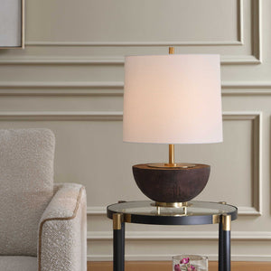 Uttermost Kalo Mahogany Antique Brass Table Lamp with Linen Drum Shade