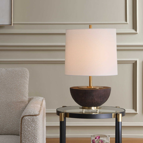 Uttermost Kalo Mahogany Antique Brass Table Lamp with Linen Drum Shade