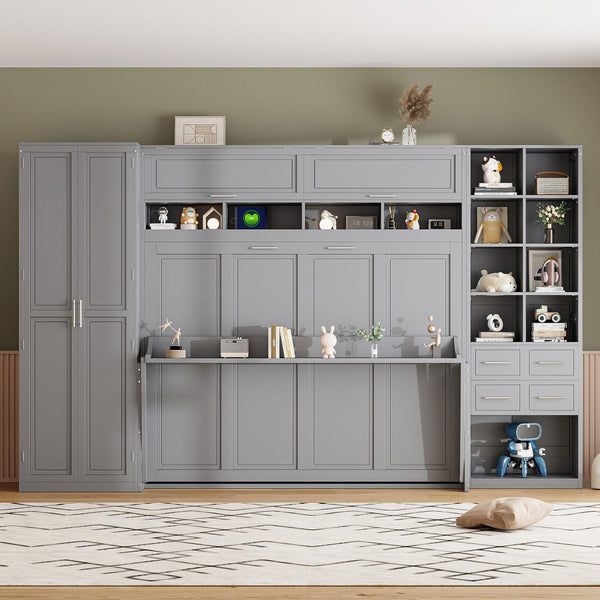 English Elm Queen Murphy Wall Bed Cabinet System with Wardrobe Drawers and Shelving in White Mdf LP000384AAE