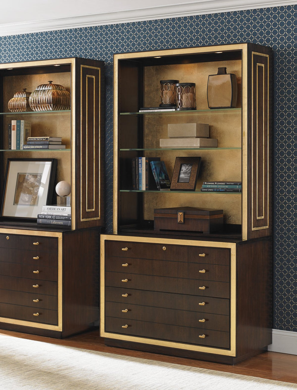 Lexington Beverly Palms Walnut Display Cabinet with Gold Leaf Accents and Touch Lit Glass Shelves 307HW-441