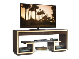 Lexington Rodeo Walnut Media Console with Gold Leaf Accents and Glass Shelves for Living Rooms 307HW-660