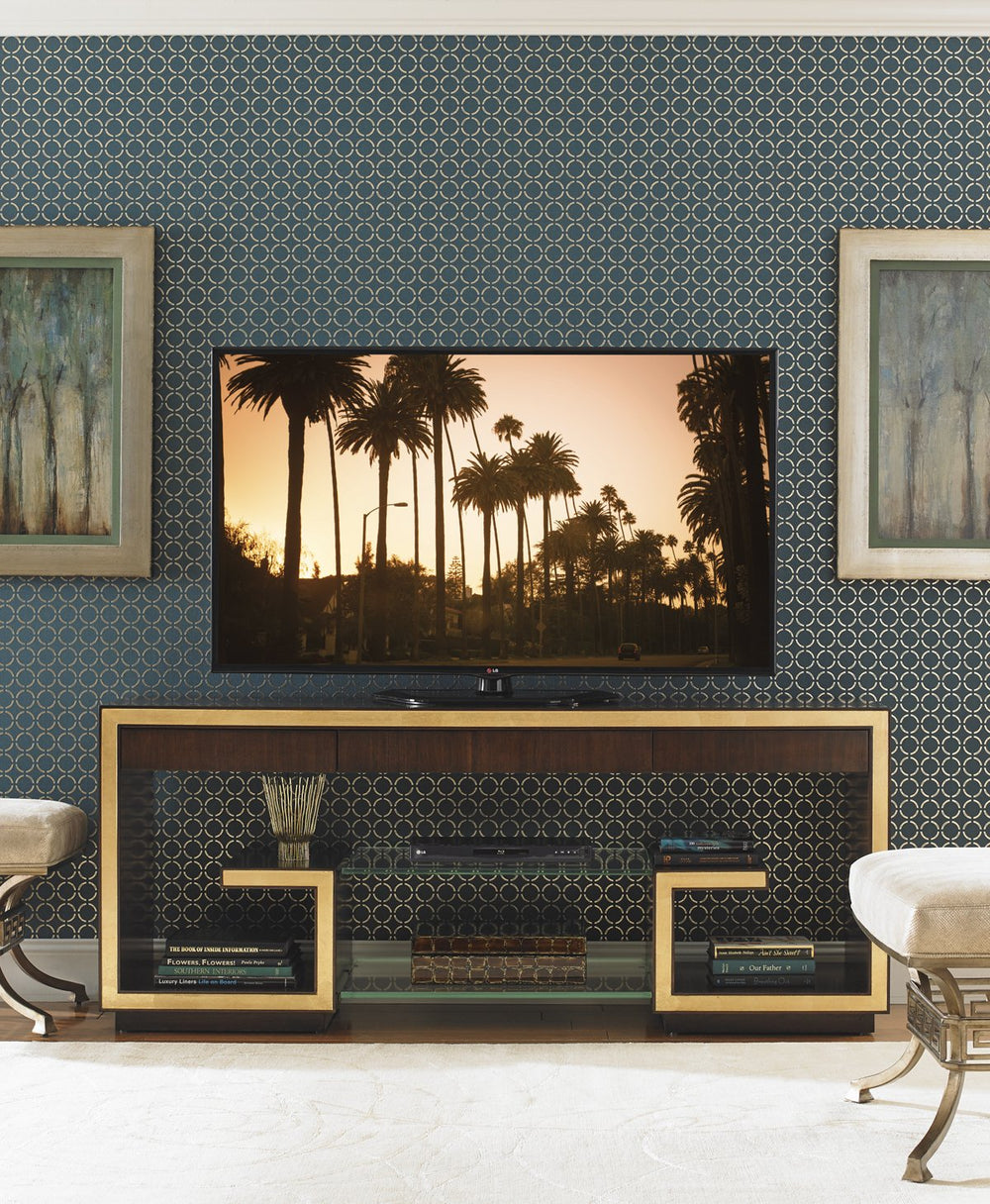 Lexington Rodeo Walnut Media Console with Gold Leaf Accents and Glass Shelves for Living Rooms 307HW-660