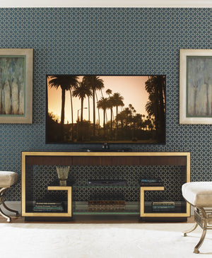 Rodeo Walnut Media Console with Gold Leaf Accents and Glass Shelves for Living Rooms