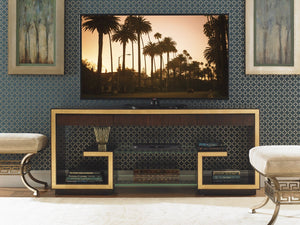 Rodeo Walnut Media Console with Gold Leaf Accents and Glass Shelves for Living Rooms
