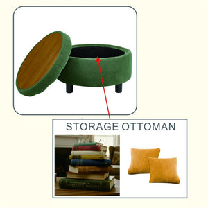 English Elm 25 Inch Round Fabric Pouf Ottoman with Removable Wooden Lid and Hidden Interior Storage Dark Green W5568P461364