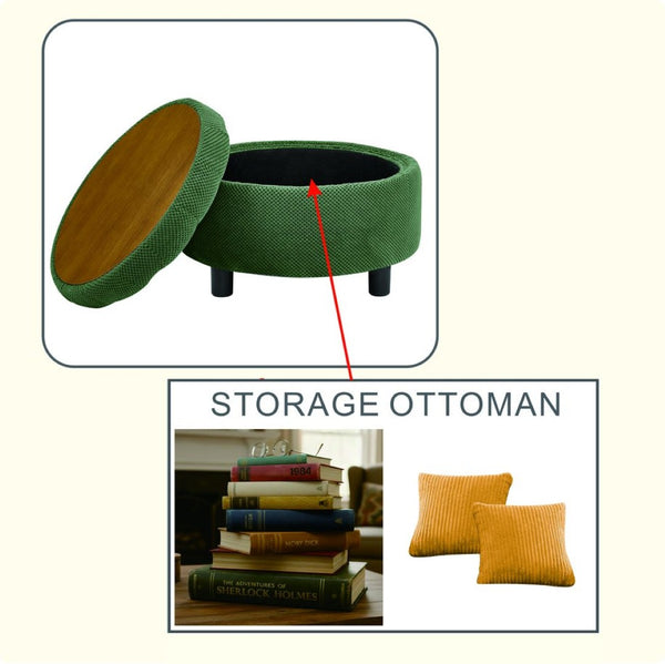 English Elm 25 Inch Round Fabric Pouf Ottoman with Removable Wooden Lid and Hidden Interior Storage Dark Green W5568P461364