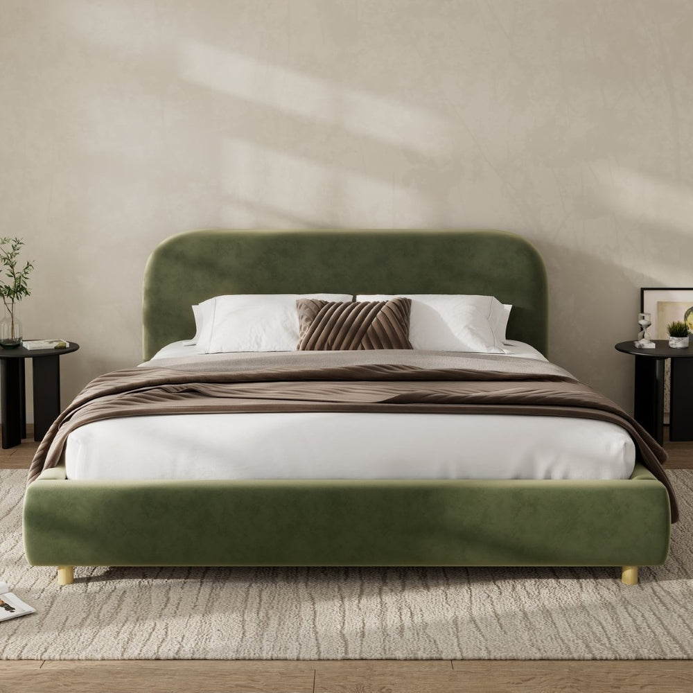 English Elm Queen Boucle Upholstered Bed Curved Foam Padded Headboard Solid Wood Legs Modern N757Q210312V-2