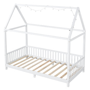 English Elm Wood Twin Size House Bed with Guardrail, Built-In LED Lights, Sturdy Pine Frame for Safe Sleep N709P177522K