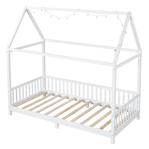 English Elm Wood Twin Size House Bed with Guardrail, Built-In LED Lights, Sturdy Pine Frame for Safe Sleep N709P177522K