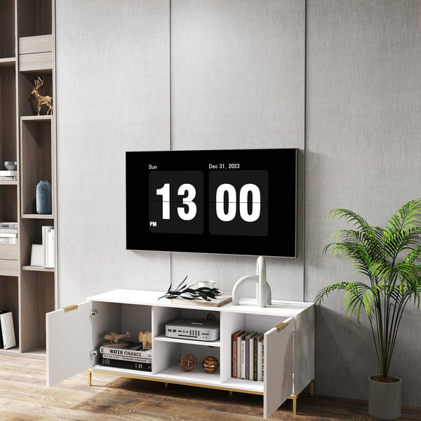 English Elm Modern TV Stand White Gold with Wave-Design Doors, Open Center Shelf, Adjustable Inner Shelf, Chic Legs W3151P288928