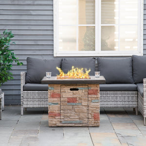 English Elm Outsunny 32 Inch Outdoor Propane Gas Fire Pit Table with 50,000 BTU, Faux Stone Square Design, Lava Rocks, Rain Cover Brown W2225P217255