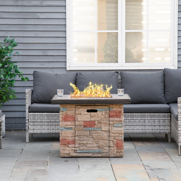 English Elm Outsunny 32 Inch Outdoor Propane Gas Fire Pit Table with 50,000 BTU, Faux Stone Square Design, Lava Rocks, Rain Cover Brown W2225P217255