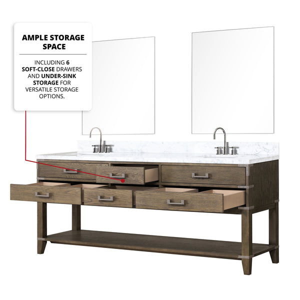 English Elm Grey Oak Double Bath Vanity Set With Carrara Marble Top, Chrome Faucets & 36" Mirrors - Stylish Storage! B2731S01911
