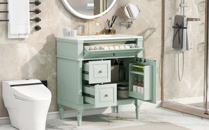 English Elm 30" Freestanding Bathroom Vanity Rubberwood Frame Ceramic Sink Flip Drawer Storage Green N725P356062F