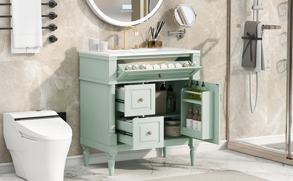 English Elm 30" Freestanding Bathroom Vanity Rubberwood Frame Ceramic Sink Flip Drawer Storage Green N725P356062F