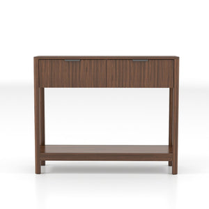 English Elm Mid-century Modern Console Table Fluted Drawers Walnut Finish Slim Entryway Sofa W2557P430472