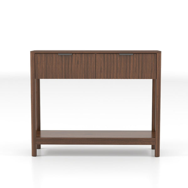 English Elm Mid-century Modern Console Table Fluted Drawers Walnut Finish Slim Entryway Sofa W2557P430472