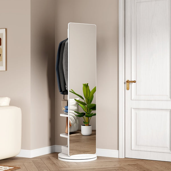English Elm 360° Rotating Full Length Mirror with Coat Rack Solid Rubberwood White Entryway W2987P288952