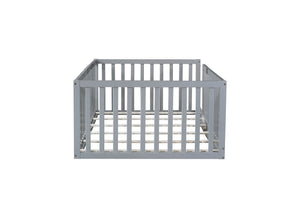 English Elm Twin Floor Bed Solid Rubber Wood with Tall Safety Railings for Toddler Sleep Grey W504P287642