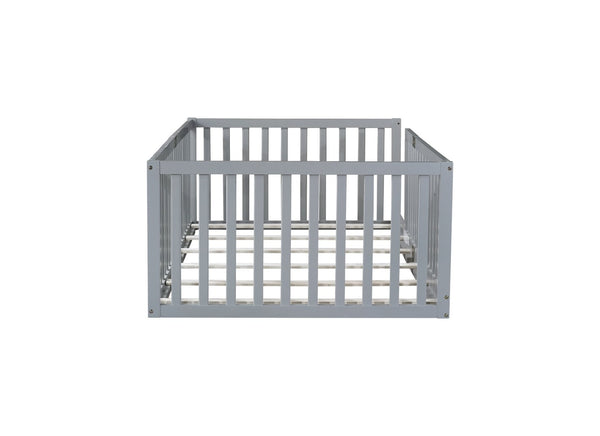English Elm Twin House Frame Floor Bed Rubberwood with Roof Canopy and Safety Rails for Kids Grey W504P429529