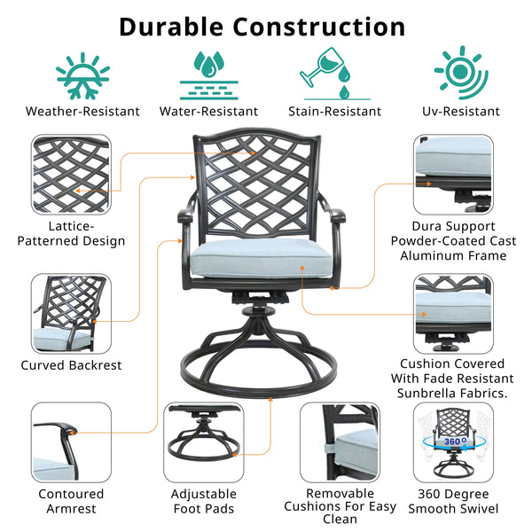 English Elm Dining Swivel Chair Light Blue Set of 2 - Weather-Resistant Aluminum Patio Seats with Swivel Rocking Comfort and Removable Cushions ABQ-AHF-LD15727-11