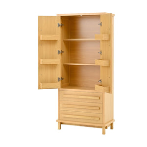 English Elm 70" Tall Pantry Cabinet Rubberwood Legs Three Drawers Six Door Shelves Kitchen Storage Natural N762P326960N
