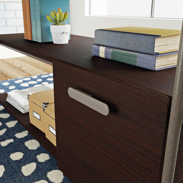 English Elm L-Shaped Desk In Warm Brown Finish - Versatile, Stylish Workspace With Smart Storage & Cable Management B356P367806
