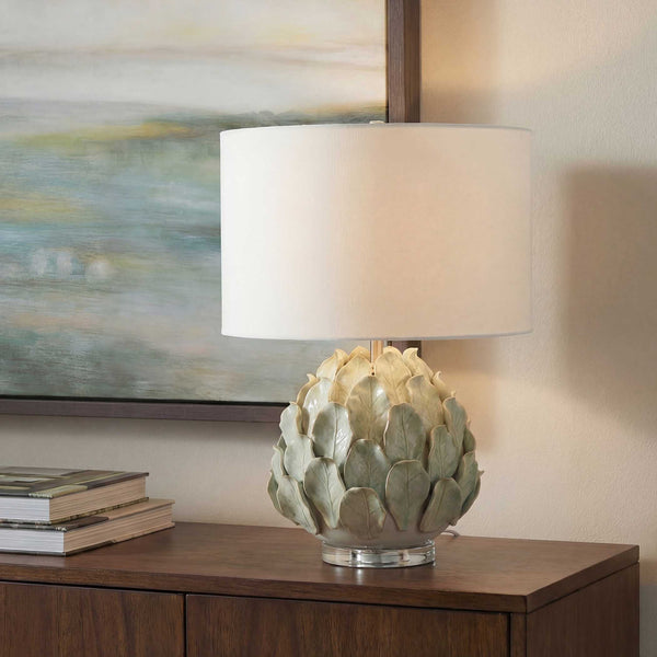 Uttermost Levlyn Sculpted Ceramic Table Lamp with Aloe Glaze and Linen Drum Shade