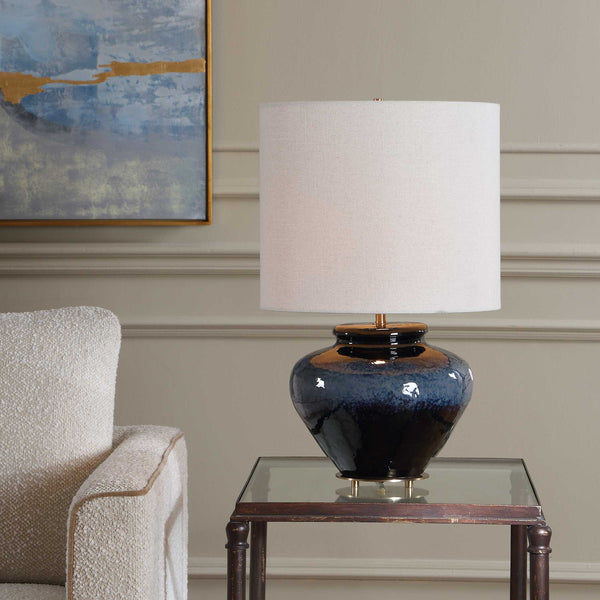 Uttermost Andrus Glazed Ceramic Table Lamp with Brass Base and Drum Shade