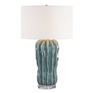 Uttermost Uttermost Artisan Ceramic Table Lamp Ribbed Blue Glaze Antique Brass Coastal Accent 30804-1