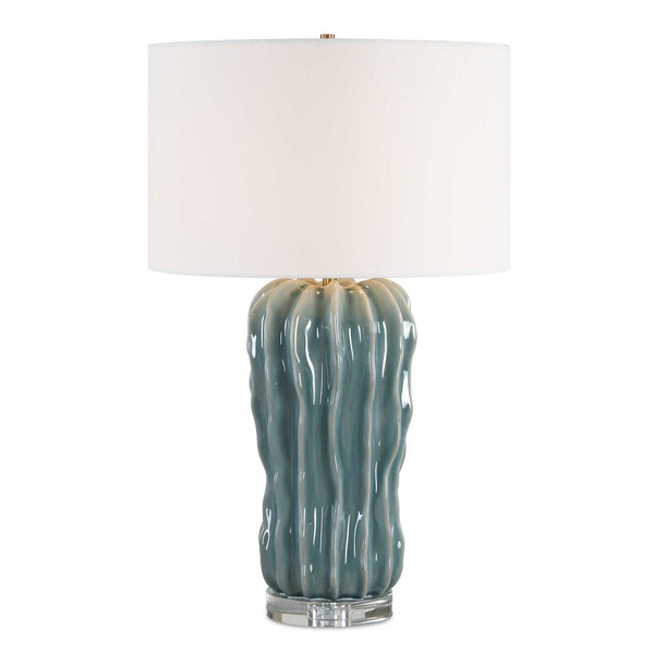 Uttermost Uttermost Artisan Ceramic Table Lamp Ribbed Blue Glaze Antique Brass Coastal Accent 30804-1