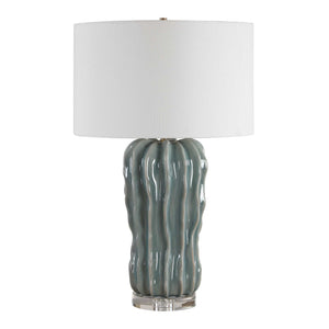 Uttermost Artisan Ceramic Table Lamp Ribbed Blue Glaze Antique Brass Coastal Accent