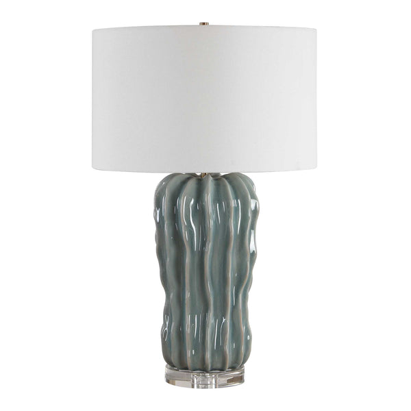 Uttermost Artisan Ceramic Table Lamp Ribbed Blue Glaze Antique Brass Coastal Accent