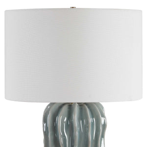 Uttermost Artisan Ceramic Table Lamp Ribbed Blue Glaze Antique Brass Coastal Accent