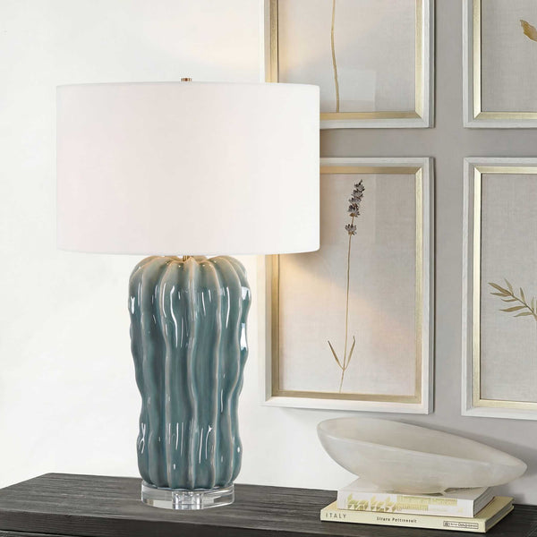 Uttermost Artisan Ceramic Table Lamp Ribbed Blue Glaze Antique Brass Coastal Accent