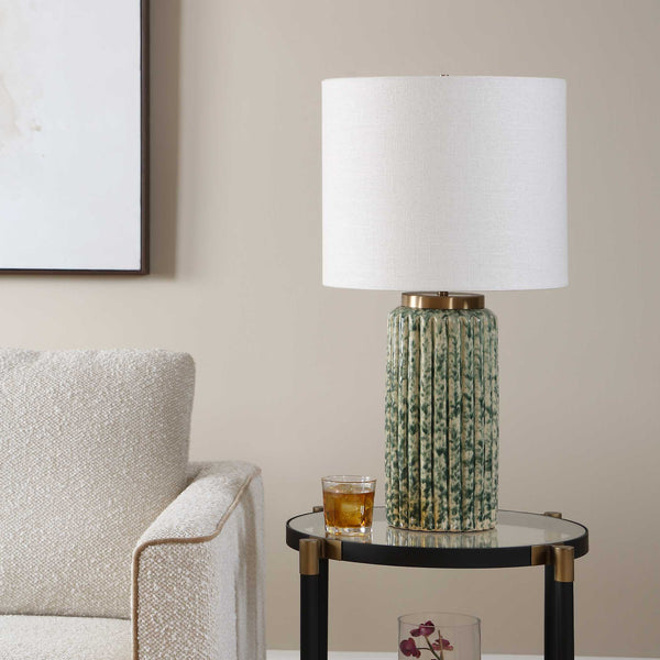 Uttermost Fluted Ceramic Table Lamp Ivory Moss Green Antique Brass Drum Shade